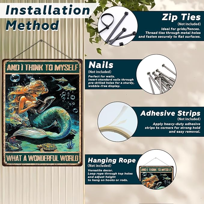 Mermaid Tin Sign And I Think To Myself What A Wonderful World Poster Home Decor Funny Home Decor Cave Bar Wall Decor 16x12 Inch