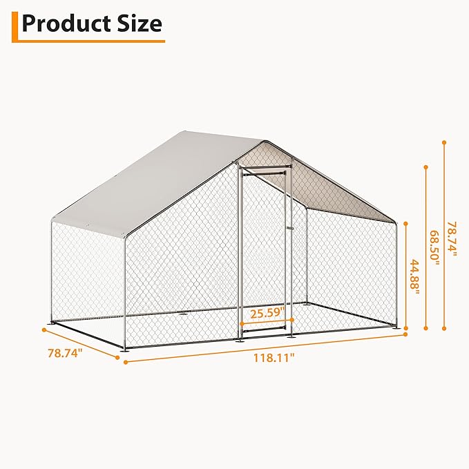 Large Walk-in Metal Chicken Coop with Run – 9.8L x 6.5W x 6.5H Outdoor Chicken Runs with Galvanized Steel Frame, Waterproof & UV-Resistant Cover, Spire Roof for Yard, Farm, Chickens, Ducks & Rabbits