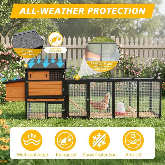 Chicken Coop with Run,Large Outdoor Chicken House with Nesting Box for 2-6 Chickens,Outdoor Wooden Hen House Poultry Pet Hutch Run Cage (Brown+Black)