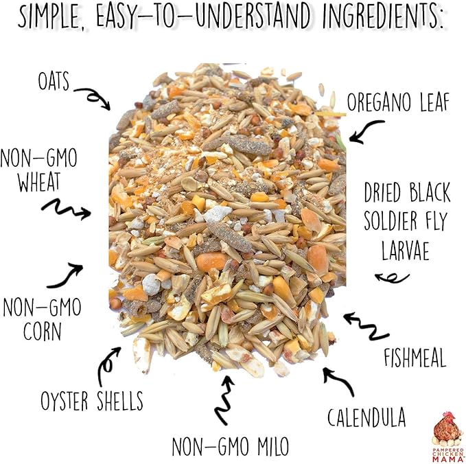 Pampered Chicken Mama Backyard Chicken Feed with Black Soldier Fly Larvae Grubs Soy Free & Herbs (20 Pounds) Layer Pellets: High Protein All-Natural Grower Feed Supplies for Laying Chickens