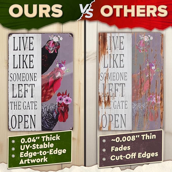 Metal Funny Chicken Coop Signs for Outside 8x12 inch - Live Like Someone Left The Gate Open Sign – Rustic Tin Farmhouse Wall Art and Vintage Chicken Decor for Kitchen, Porch, Barn, Backyard, or Garden