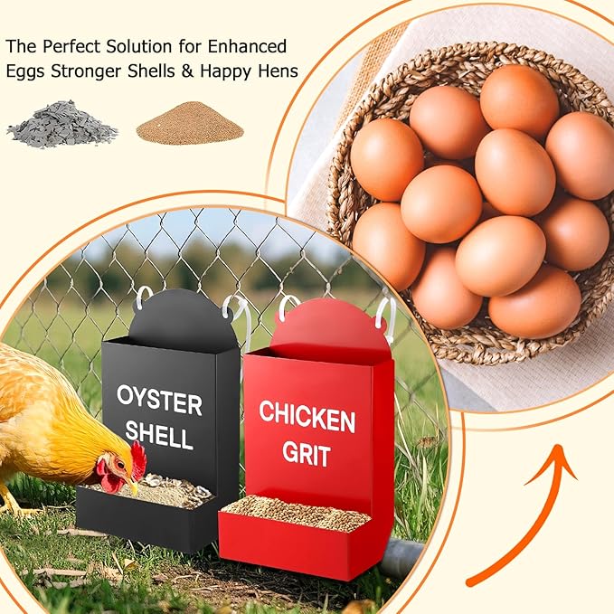 2PCS Heavy Duty Chicken Grit Oyster Shell Feeder - No Waste & No Mess, 6'' x 10'' Rust-Proof Metal Automatic Poultry Feeder, Gravity-Fed Hanging Feeder for Coop, Ducks, Pigeons, Dove