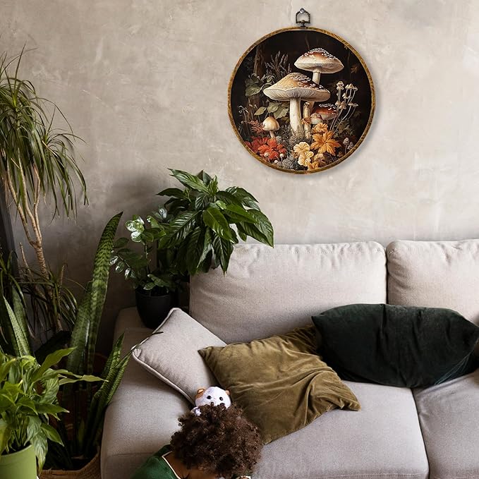 Hiuwevt Cottagecore Moss Mushroom Round Wall Art Decor, Vintage Moody Dark Academia Framed Canvas Prints, Rustic Forest Agaric Round Wall Hanging Decor for Bedroom Home Decorations, 10x10 Inches