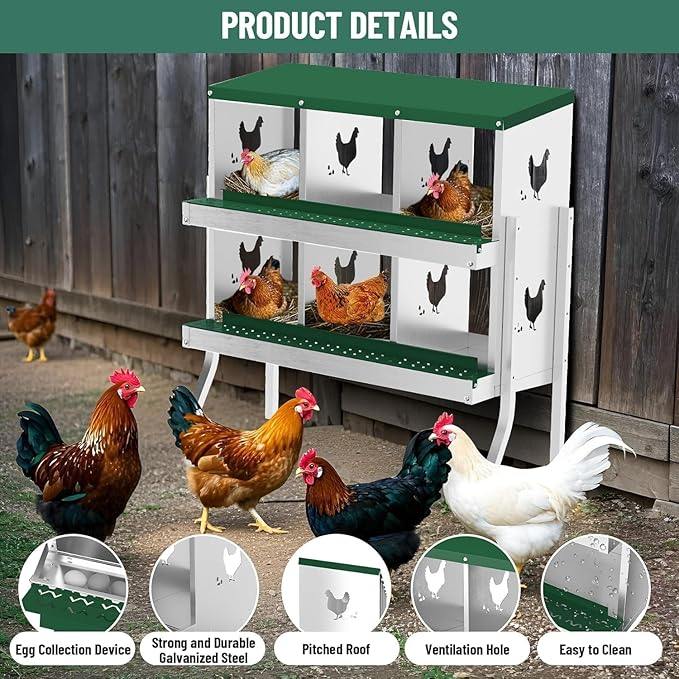 Metal Chicken Nesting Box, 6 Compartments, Rollout Egg Collection, Large Vented Holes, Perch Included, Wall Mount or Free Standing Laying Box for Hens and Chickens - Green with Legs