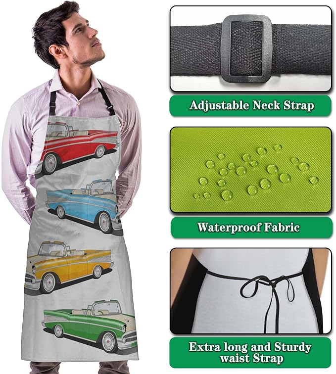 Apron for Cooking for Women Vintage Car Kitchen Aprons for Men for Kitchen Cooking Restaurant BBQ Painting Crafting Gardening 27” (W) x 31” (H), Waterproof Aprons