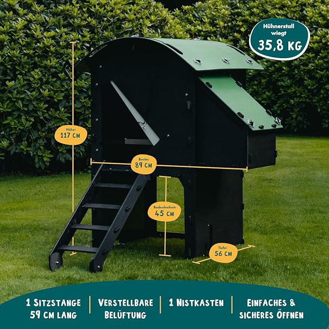 Small Raised Chicken Coop 2-3 Chickens - 25yr Lifespan Chicken Coop for 3 Chickens Or 5 Bantams | 1 Rounded Perch for Chickens & Hens to Roost | Raised Hen House for Poultry with 1 Nesting Box & Ramp