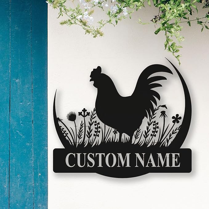 Farmhouse Barn Chicken Coop Sign Custom Metal Hen House Nameplate Personalized Backyard Poultry Hanging Plaque Rustic Barnyard Wall Art Unique Gifts for Farmers and Homesteaders Outdoor Decorations