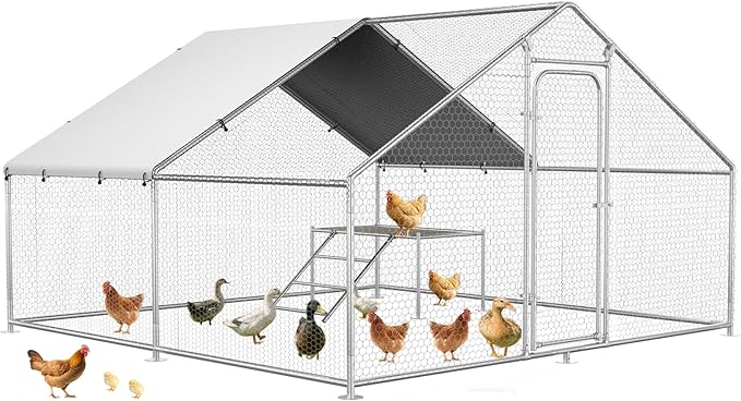 Large Metal Chicken Coop with Roosting Ladder, UV-Resistant and Waterproof Cover, Outdoor Walk-in Cage Hen House for Yard Farm Rabbit Duck Chicken Run, Spire Roof (13.1'W x 9.8'L x 6.4'H)