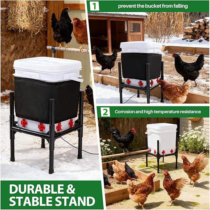 Heated Chicken Waterer,3 Gallon Chicken Poultry Water Heater with Stand for Winter with 8 Nipples + 4 Extras (black, 3 Gallon)