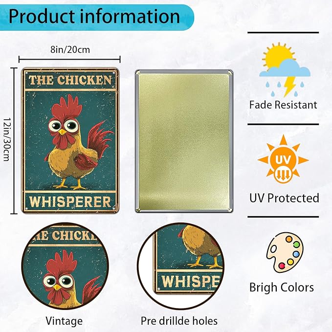 KIYOYO Funny The Chicken Whisperer Metal Sign Vintage Chicken Tin Sign Metal Poster Home Kitchen Farm Coffee Office Country Chicken Coop Poster Wall Decor 12x8 Inch