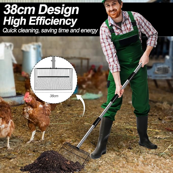 15 inch Large Chicken Poop Scooper and Rake for Sand for Shavings 74" Heavy Duty Pooper Scooper Long Handle Chicken Coop Scoop for Cleaning Tools 5-in-1 Sifting Shovel for Chicken Scoop supplies