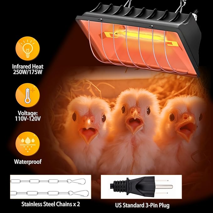 Heat Lamp for Chickens, 250W Chicken Heat Lamp, Brooder Heater for Chicks, Hanging Light Heated Adjustable Temp & Height, with Anti-Fall Aluminum Alloy Lamp Shade, for Chick, Ducks, Poultry (black)
