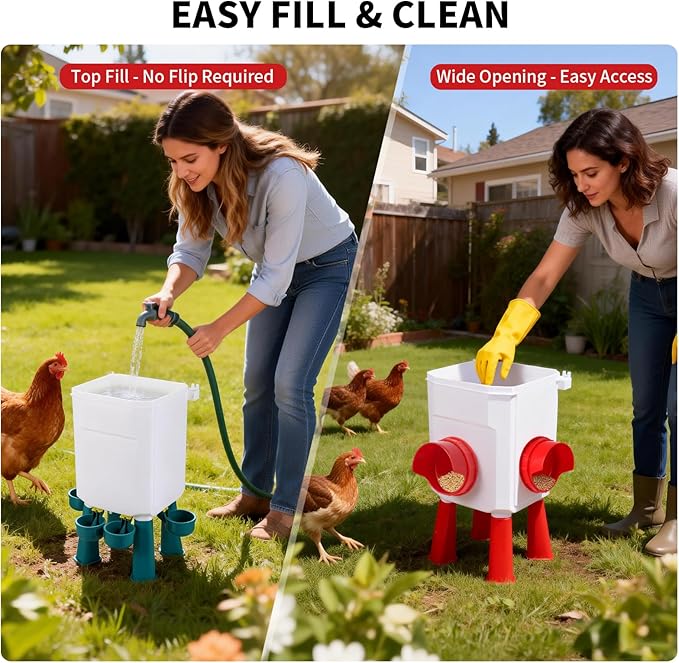 Chicken Feeder and Waterer Set - 2.1 Gal & 17.6 Lbs Automatic Gravity Poultry Kit - No Waste Port Feeder, Leak Proof Hanging Waterer w/Adjustable Legs for Chicks Hens