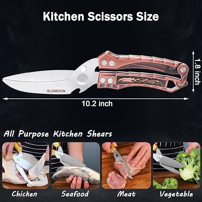 Kitchen Shears Heavy Duty Poultry Shears for Bone,Chicken,Turkey,Meat,Fish and Pizza Cutting Board Kitchen Scissors All Purpose for Food Ideal for Chef and Home Cooking,Dishwasher Safe Bronze