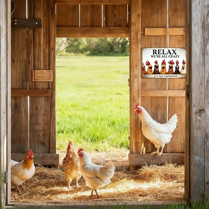 Funny Chicken Coop Signs - Vintage Sign Metal Tin “Relax We're All Crazy”For Chicken Lovers Gifts Outdoor Home Farm Chicken Wall Art Decor 8x12 Inch