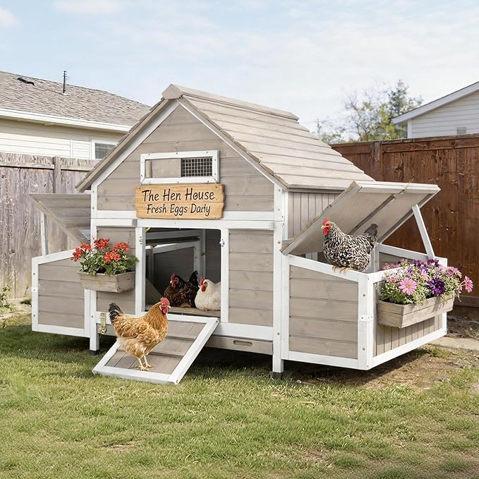 Rustic Wooden Chicken Coop, Outdoor Poultry House for 2-4 Hens, Removable Tray with Metal Locks, 6 Nesting Boxes, Openable Roof, Rabbit Hutch for Garden Backyard Patio