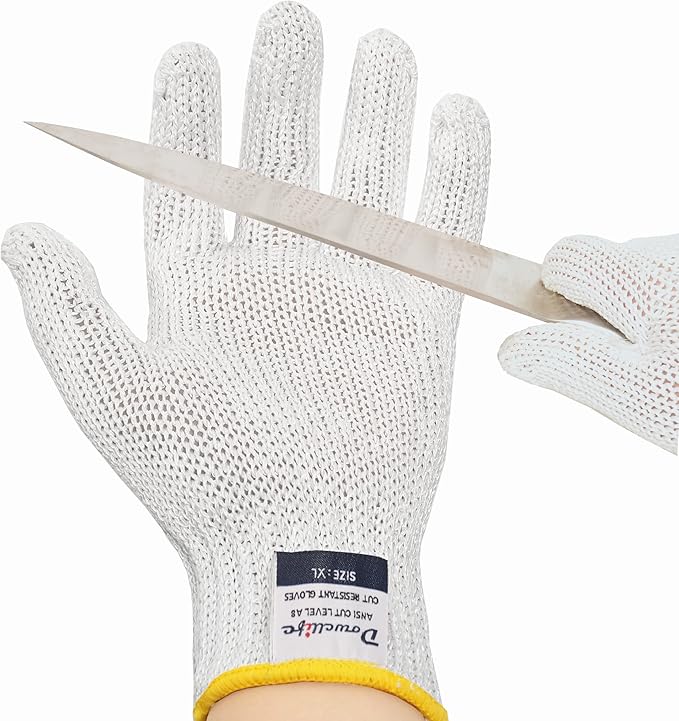 Dowellife Level 8 Reinforced Cut Resistant Gloves, Food Grade, Knife Safety Gloves for Meat Cutting, Oyster Shucking, Fish Fillet, Kitchen Slicing and Wood Carving, White, X-Large