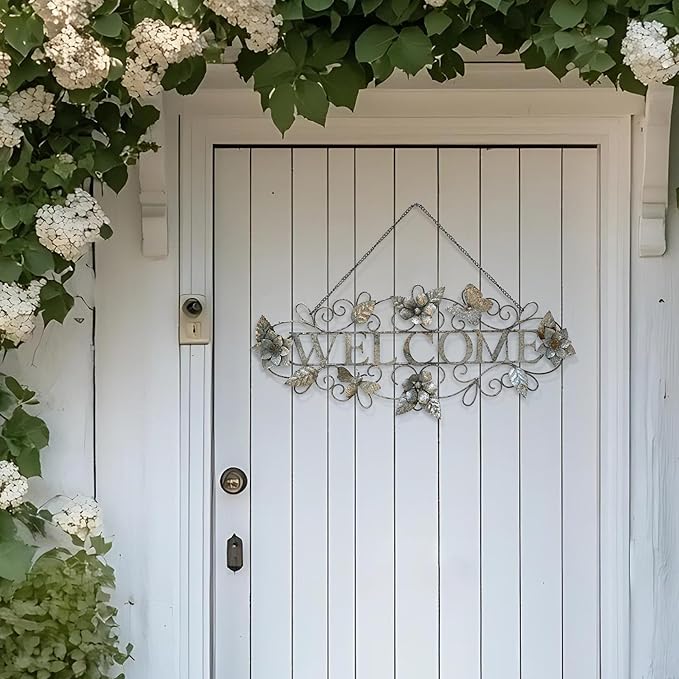 Queltharion Metal Welcome Wall Decor Rustic Farmhouse Distressed Flower and Butterfly Welcome Sign Hanging Decorative for Garden Porch Patio Yard Outdoor 23.5" L Blue