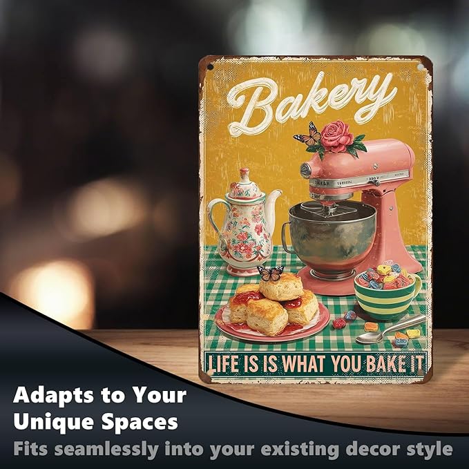 Retro Baking Metal Plaque Life Is What You Bake It Sign Farmhouse Wall Decor Aluminum Tin Sign Bread Pastry Art Kitchen Diner 12X16Inch