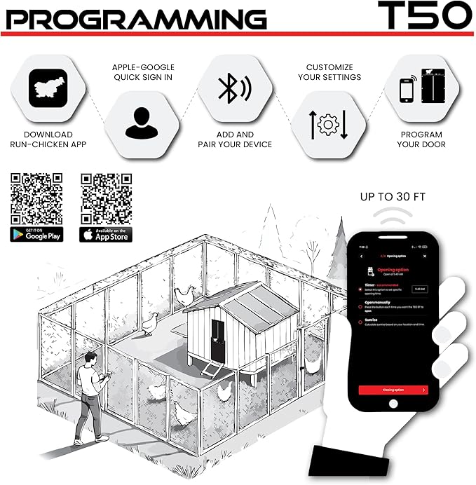 RUN-CHICKEN Door T50 – Automatic Chicken Coop Door Opener, Battery Powered & Weatherproof Aluminum, Smart App & Timer Control, Predator Proof, Easy Install, Reliable All-Season Performance (Onyx)