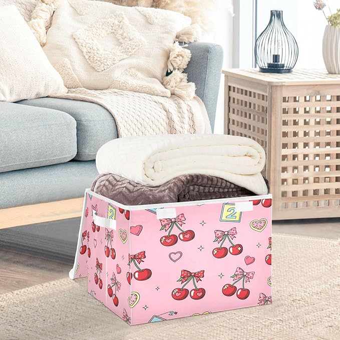 Cherries Hearts Bows Stars Storage Bins with LidsPink Foldable Storage Basket with Handles Collapsible Large Fabric Organizer Containers for Clothes Shelves Closet Office Home