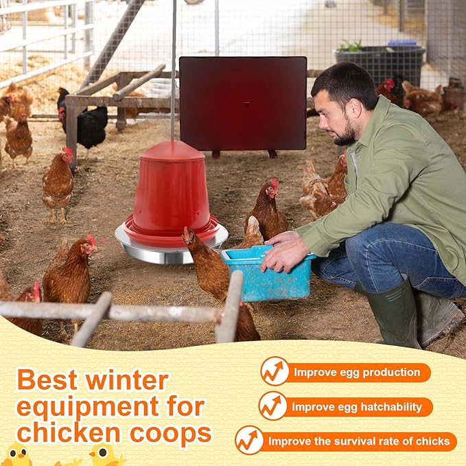 VIHOSE 2 Pcs Chicken Coop Heater 1 PC Radiant Heat Panel with Adjustable Temp 77 to 200℉ 1 PC Stainless Steel Poultry Chicken Waterer Heater for Winter Heated Base Radiant Warmer for Inside Outdoor