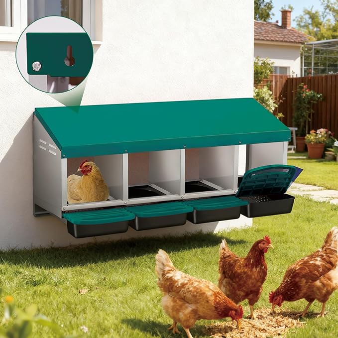 Garvee Chicken Nesting Boxes, 4 Hole Roll-Away Nesting Boxes for Chickens Coop with Perch, Hens, Ducks & Other Poultry,Egg Laying Box with Lid Cover to Protect Eggs,Easy to Assemble