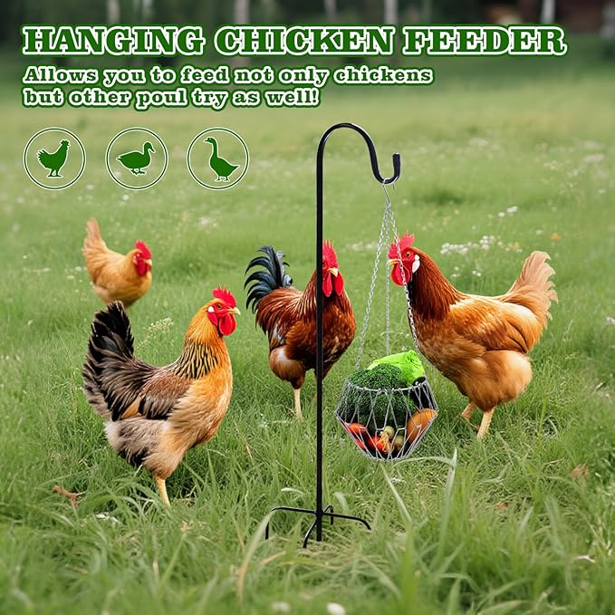 Hanging Chicken Feeder, Metal Chicken Treat Dispenser with Chain and Stand Pole, Chicken Enrichment Toys, Chicken Coop Accessories for Hens, Turkeys, Ducks, Geese, and Other Poultry