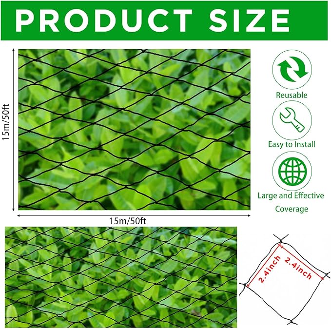 Windyun 1 Pcs 50' x 50' Bird Netting Bird Net Chicken Coop 2.4" Mesh Heavy Duty Deer Fence Aviary Net Reusable Fruit Tree Poultry Barrier for Garden Protection Vineyard Against Hawk Squirrel, Black