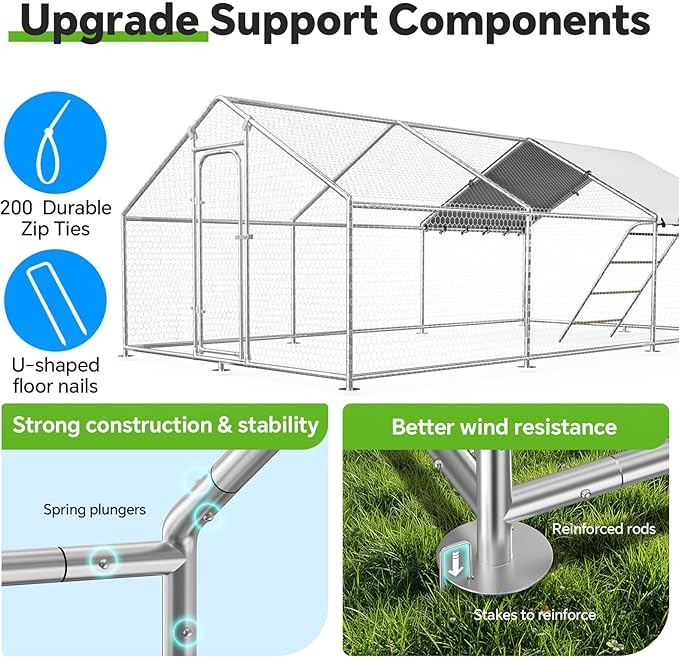 Large Metal Chicken Coop with Roosting Perch, Chicken Hen Run Poultry Cage with Water-Resident Cover for Rabbit Duck House Walk-in Chicken Pen for Yard, Spire Roof(10’ W x 19.7’ L x 6.4’ H)