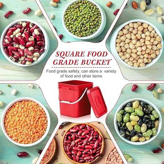 Mumufy 5 Pcs 3.5 Gallon Square Food Grade Bucket with Lid Square Bucket Pail Plastic Handles for Long Term Food Storage, Camping, Fishing, Home Organization Easy Stack and Store (Red)