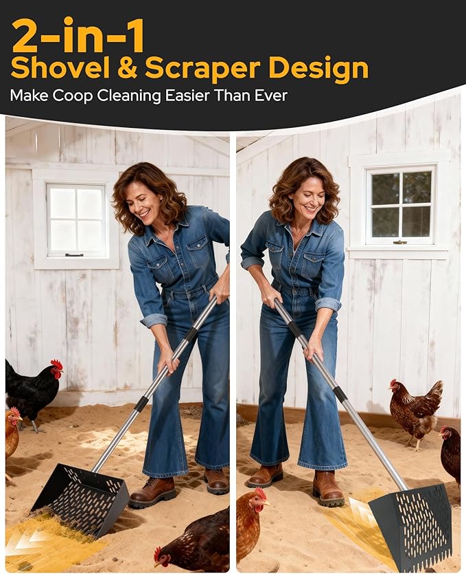 2-in-1 Chicken Poop Scooper & Rake, Ergonomic D-Grip, 31-77" Adjustable Stainless Steel Handle, Sturdy Easy-Clean Shovel for Chicken Coops, Sandy Areas & Most Surfaces