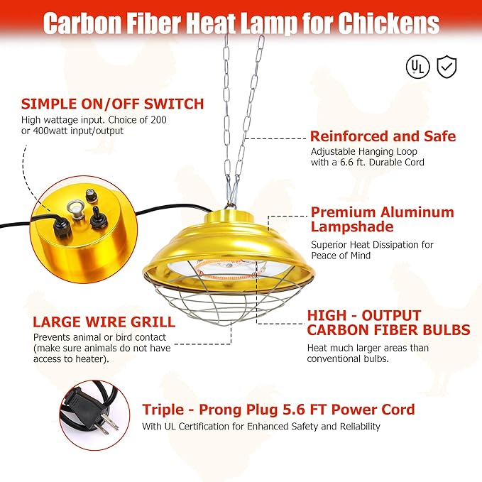 Heat Lamp for Chickens,200W-400W Dual-Temperature Chicken Coop Heater,Carbon Fiber Heating Element,Aluminum Alloy Shade & 6.6' Hanging Chain for Winter Poultry Warmth