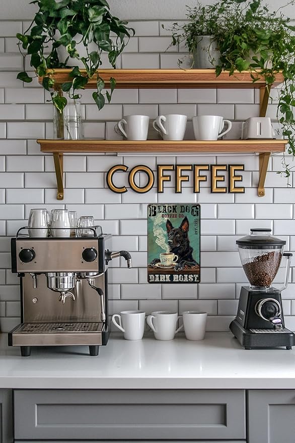 Vintage Black German Shepherd Dog Metal Sign Black German Shepherd Dog Coffee Novelty Metal Poster Home Cafe Kitchen & Bar Bathroom Aluminium Sign Art Wall Decor 12x8 Inch