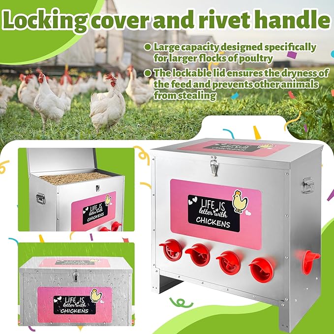 85-120LB Large Automatic Chicken Feeder Galvanized Metal Chicken Feeders with 10 Feeding Ports No Waste Outdoor Poultry Feeder with Handle and Locking Lid for Chickens and Ducks