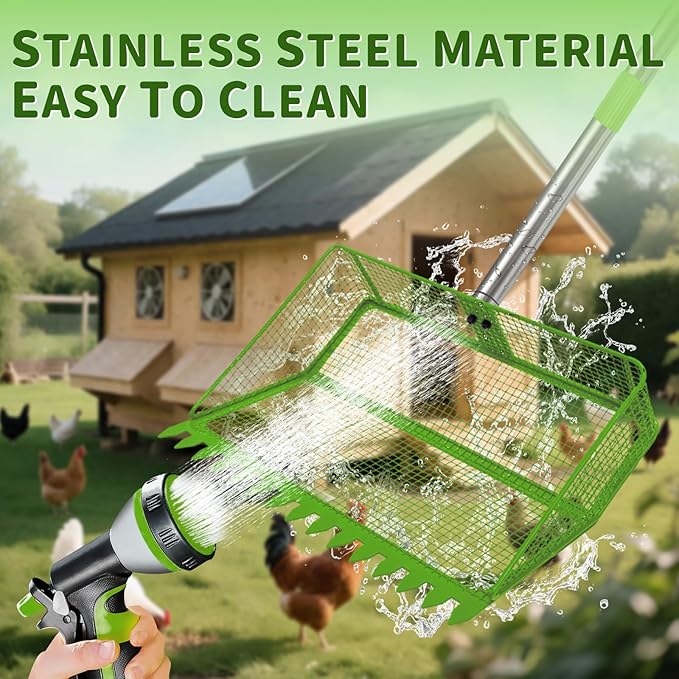 2-in-1 Chicken Coop Scooper: Extra Large 12” Poop Scooper & Rake with Adjustable Handle (37”-65”) | Heavy-Duty Metal Shovel for Quick Pet Waste, Rabbit, Guinea Pig, Barn Cleaning | Green