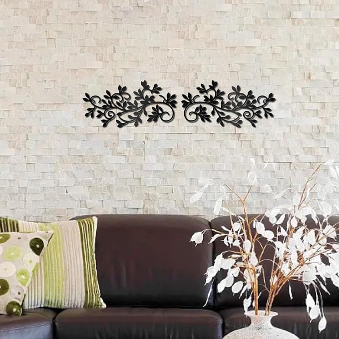 CREATCABIN Black Metal Vine Wall Decor Metal Leaf Wall Art Iron Symmetry Silhouette Tree Leave Plant Sculpture Artwork Sign Ornament Decoration for Living Room Office Garden Balcony 7.9 x 3.9 Inch
