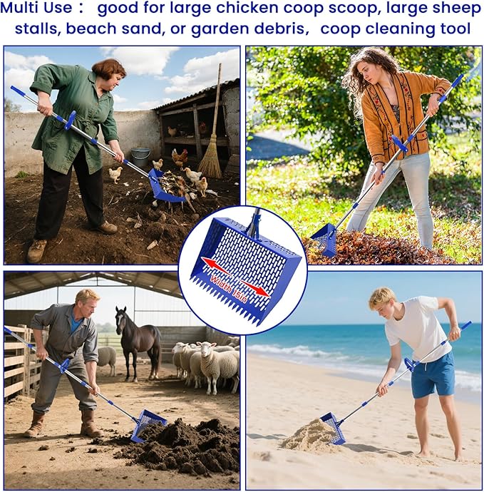 15 in Wide Chicken Poop Scooper and rake，Heavy Poop Scoop Shovel for Cleaning Coops, Adjustable Long Handle， Suit for Cleaning Chicken coops, racecourses, and Sheep pens