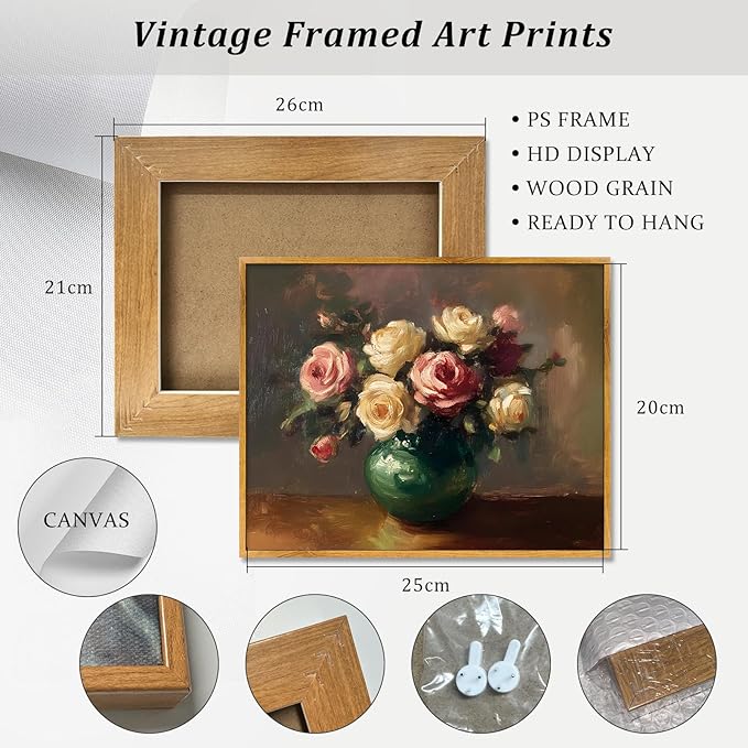 Flower Vase Wall Art Blooming Flowers Artwork Rustic Botanical Prints Vintage Floral Pictures Still Life Flowers Wall Art Farmhouse Botanical Poster Pink and White Floral Picture 8x10in Framed