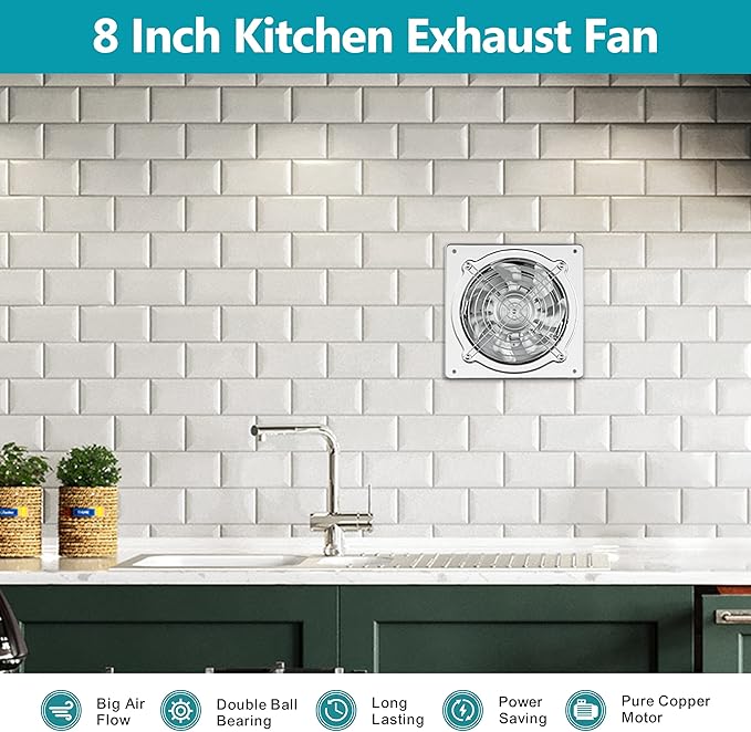 HG Power 8 Inch Kitchen Exhaust Fan, 576CFM Metal Attic Exhaust Fan, Wall Mounted Garage Ventilation Fan, Basement Extractor Fans with Backdraft Damper for Home Office Commercial Use, Silver