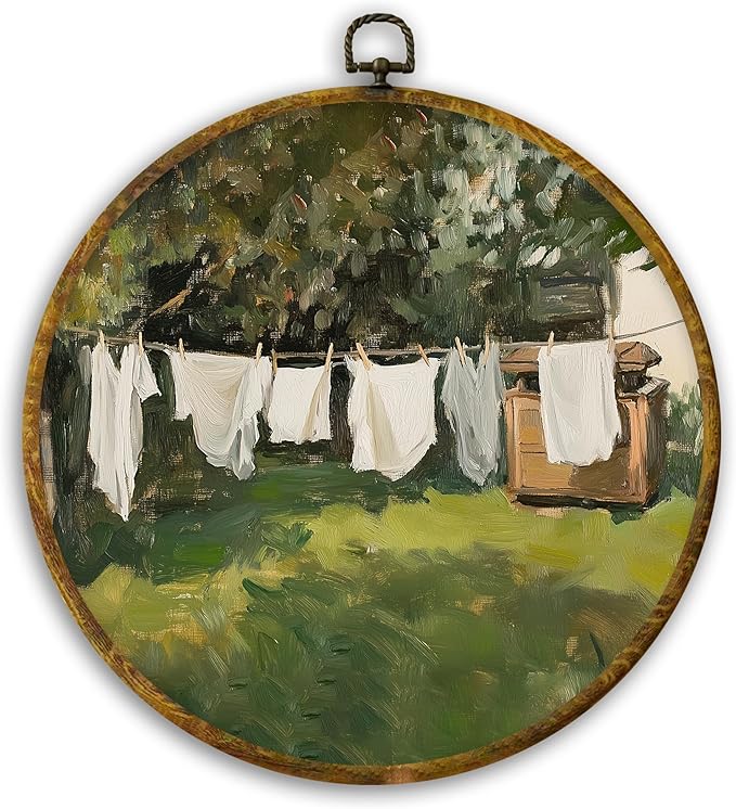 CUANFDDSF Vintage Rustic Farmhouse Round Wall Art, Country Laundry Day Framed Hanging Wall Decor, Retro Cottagecore Landscape Canvas Prints Decorations for Washroom Bathroom Laundry Room, 10x10 Inch