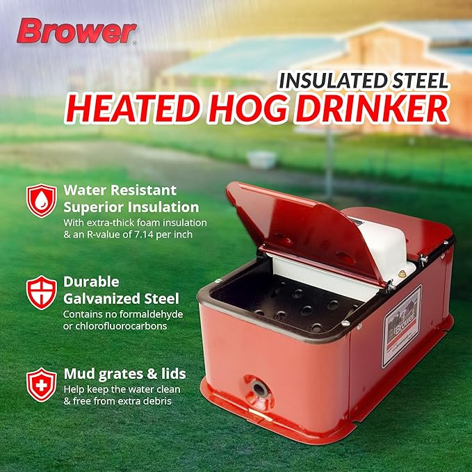Brower Polyurethane Foam Insulated Galvanized Steel Electric Heated Livestock Pig Waterer with Lid and Mud Grates for 150 Hogs, Red