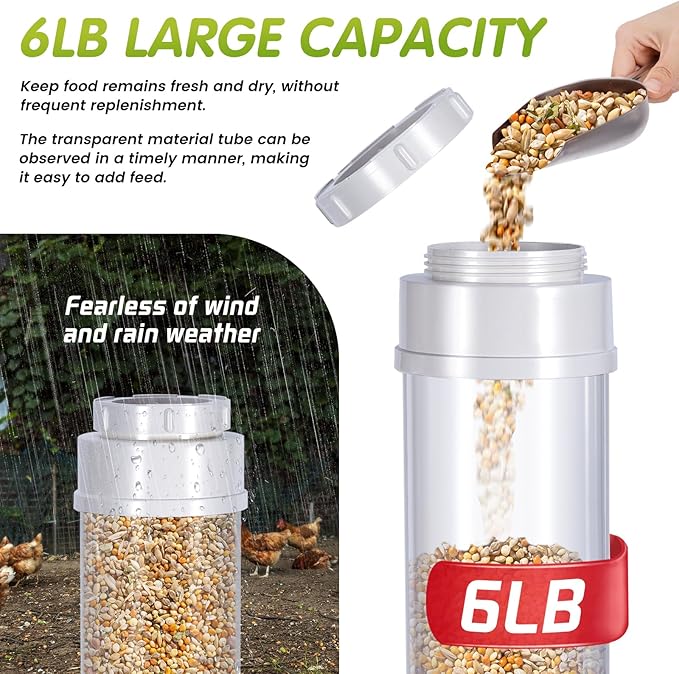 Automatic Chicken Feeder No Waste,6lb Capacity Large PVC Poultry Gravity Feeder with Lid and Visual Tube,Poultry Hanging Chicken Coop Feeder Port for Quails,Ducks,Turkeys,Geese