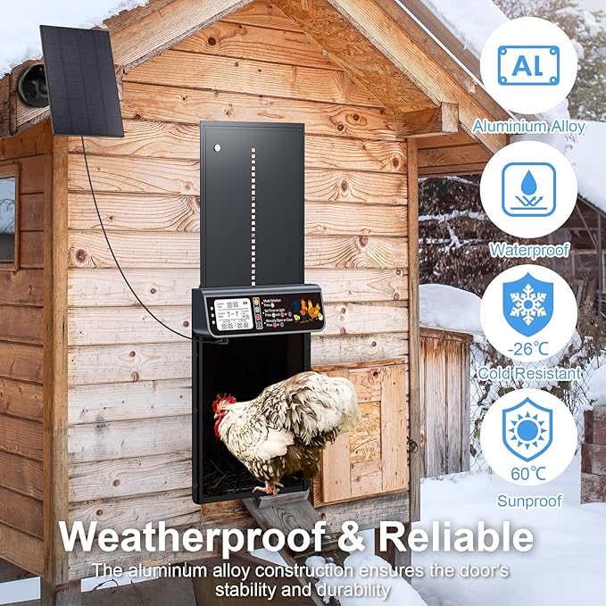 Automatic Chicken Coop Door Solar Powered, LCD Display Automatic Chicken Door with Timer & Light Sensor, Solar Chicken Coop Door with Remote Control, Anti-Pinch Function and Made of Al-Alloy