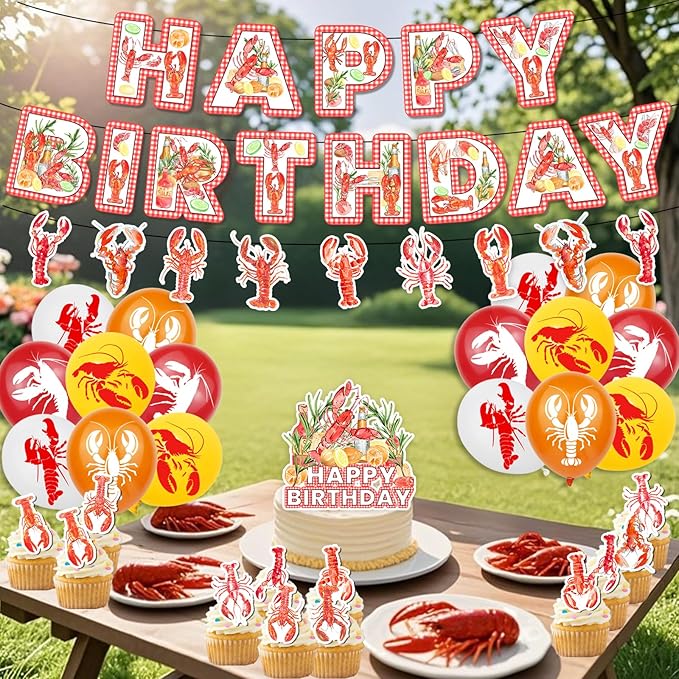 Crawfish Boil Party Supplies - Lobster Happy Birthday Banner Crawfish Balloons and Crayfish Cake Topper for Seafood Theme Birthday Party Decorations