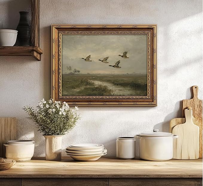 Vintage Gold Framed Flying Duck Wall Art Mallard Duck Canvas Wall Decor Rustic Mallard Poster Artwork Retro Rustic Farmhouse Animal Picture for Home Living Bedroom Farmhouse Hallway 16x24in