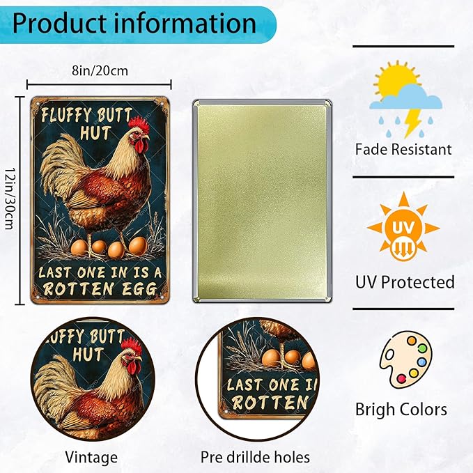 Chicken Metal Tin Sign and Egg Poster Fluffy Butt Hut Vintage Tin Sign for Family Kitchen Bar Farm Garden Wall Plaque 12x8 Inch