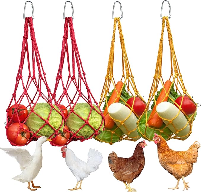 Chicken Vegetable Hanging Feeder 4 PCS, Reusable String Bag with Hook for Chicken Toys, Poultry Fruit Holder for Hens and Ducks, No Mess Lettuce Cabbage Feeder for Enrichment, Coop Accessories