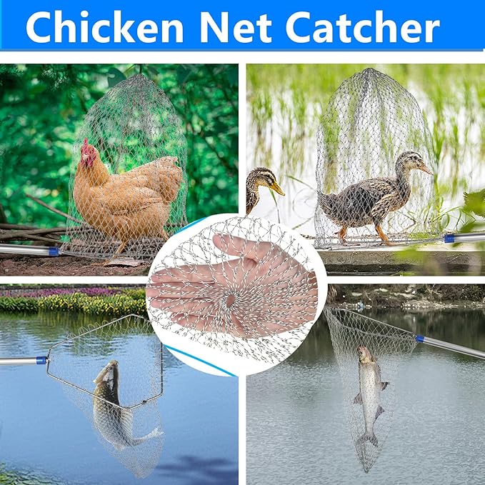 Chicken Catching Net，Adjustable 29-74 Inch Chicken Catcher Leg Hook Tool Kit,Long Handle Animal Catcher Pole Suitable for Catching Small Duck,Goose,Bird, Skunk Bat and Fishnet etc（15 x 23.2 Inch Net）