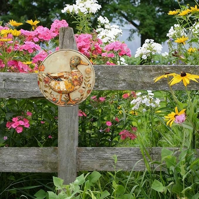 Duck Round Metal Tin Sign Wreath Farm Flowers Rustic Vintage Wall Art Decor for Garden Porch Yard Farmhouse Outdoor Decor 8x8inch